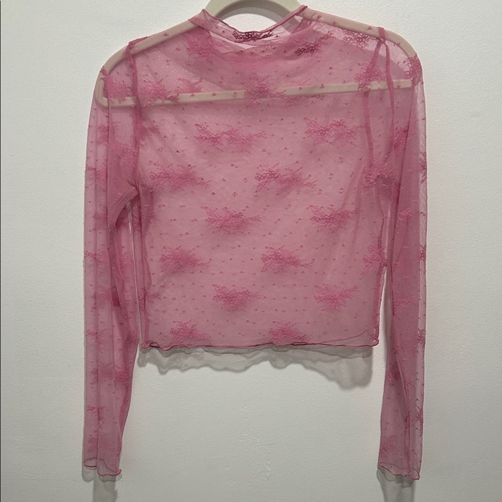 Sheer Pink Lace Long-Sleeve Crop Top